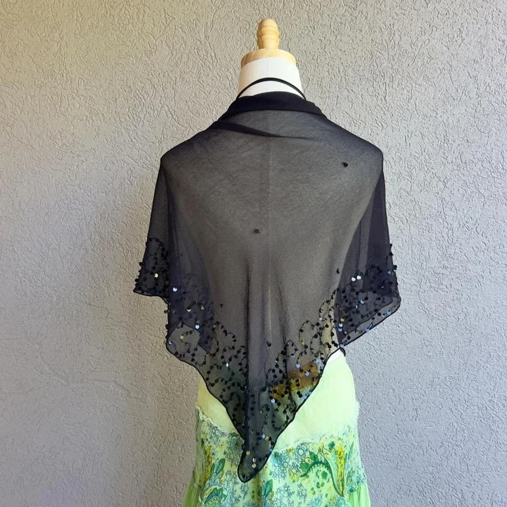 Vintage Black Sequin Shawl Scarf Accessory Whimsigoth